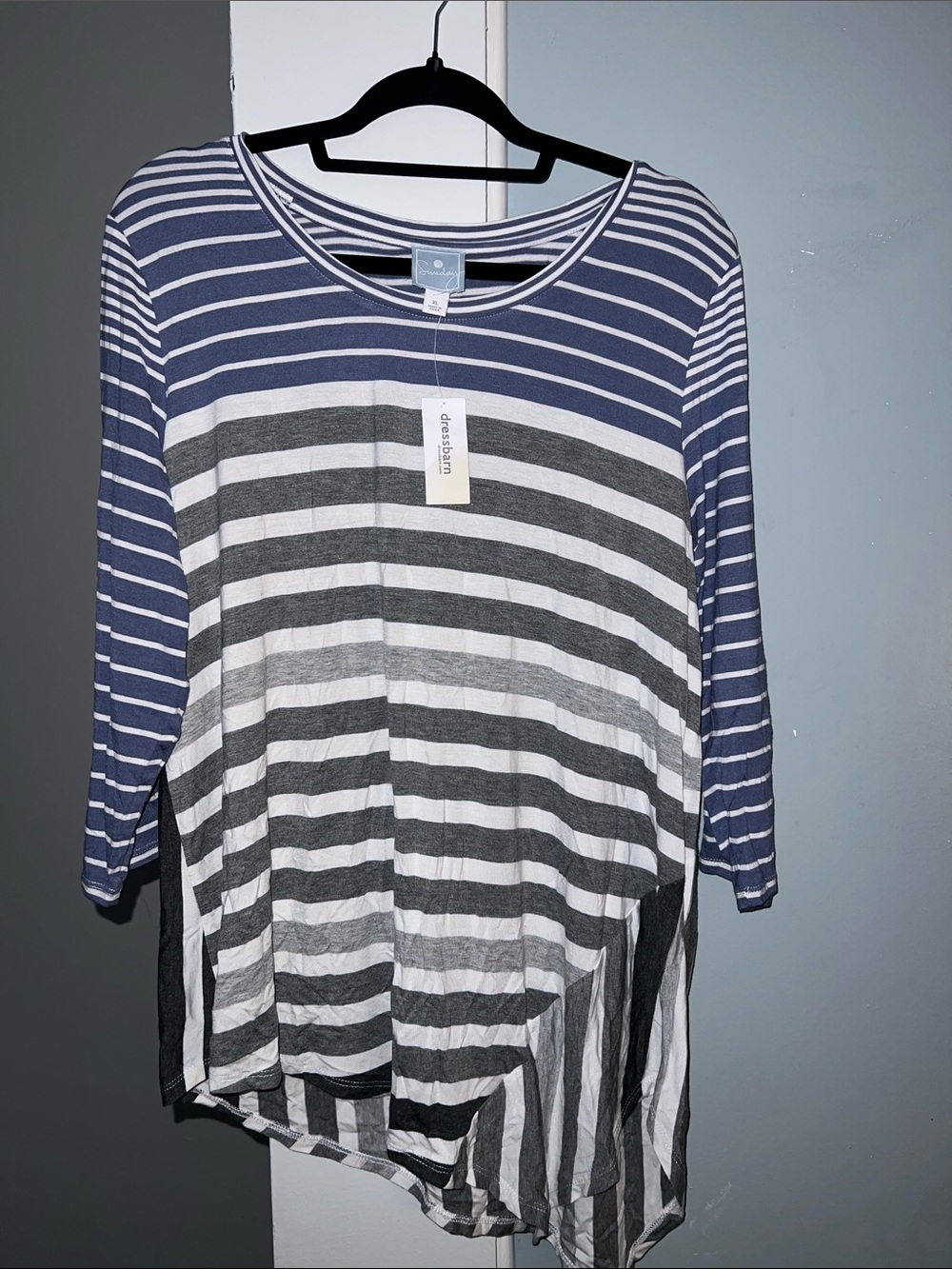 Sunday Navy, White and Gray Striped Long Sleeve Tee